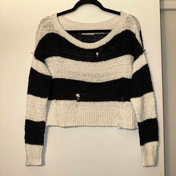 Hollister Size Small Black White Stripe Crop Sweater Intentionally Distressed - Picture 1 of 9